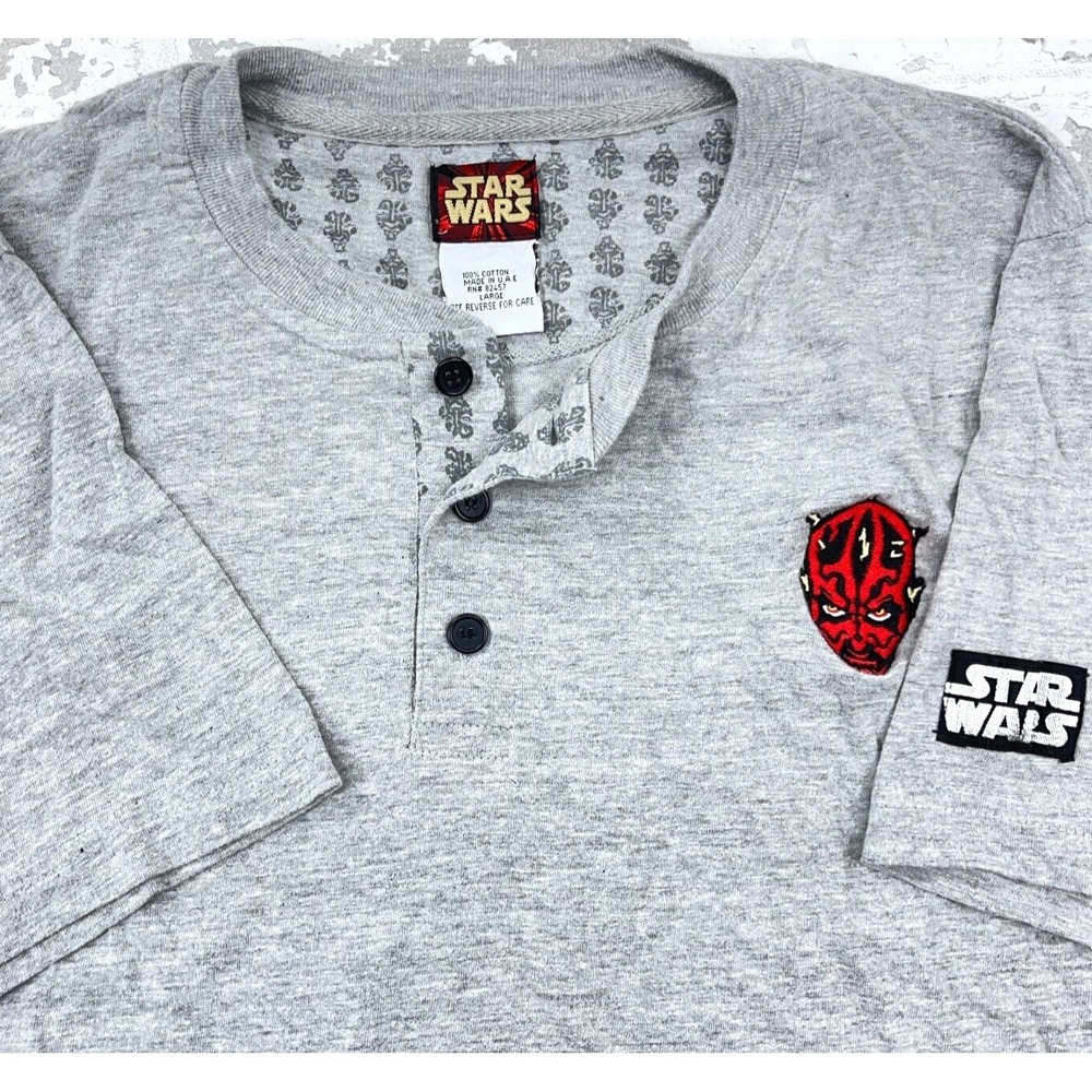Vintage Star Wars Shirt Men Large Gray Henley Tee Darth Maul Y2K 2000s Promo 00s
